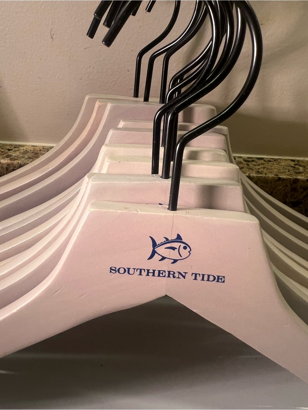 9 Luxury Southern Tide Light Gray White Wooden Hangers with Blue Logo 17”Wide